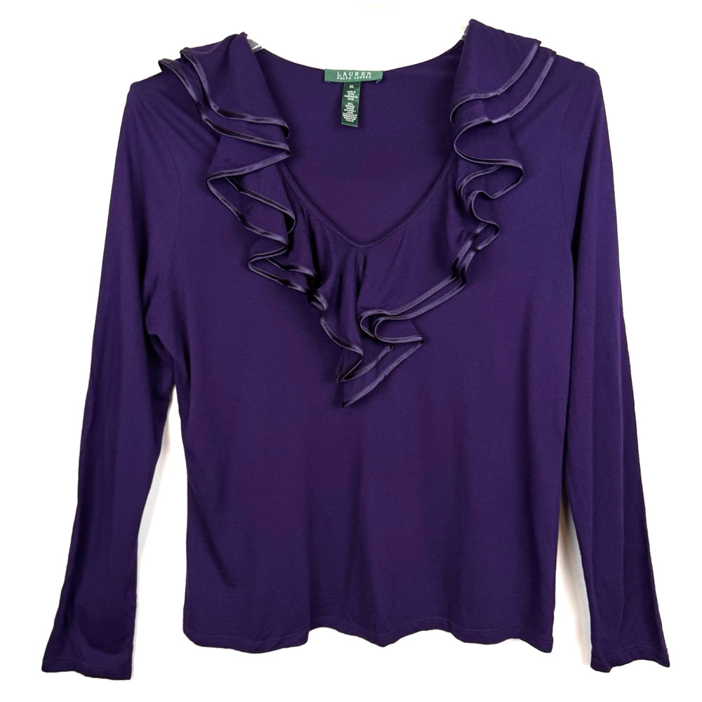 Lauren Ralph Lauren Ruffled Blouse Women's XL Purple Wool Blend Feminine Classic